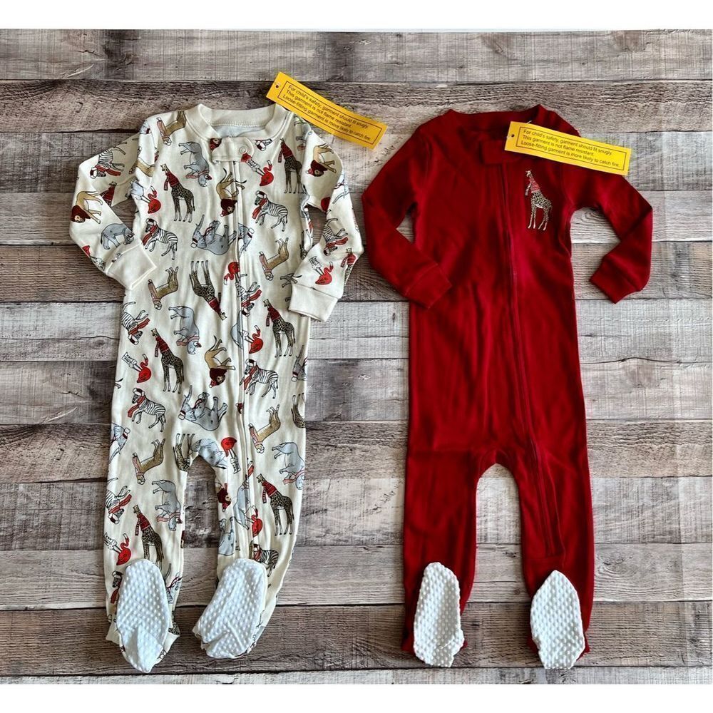 NWT Amazon Essentials Giraffe Zoo Animals Cotton ‎ Zipper Footies(2) 18 months